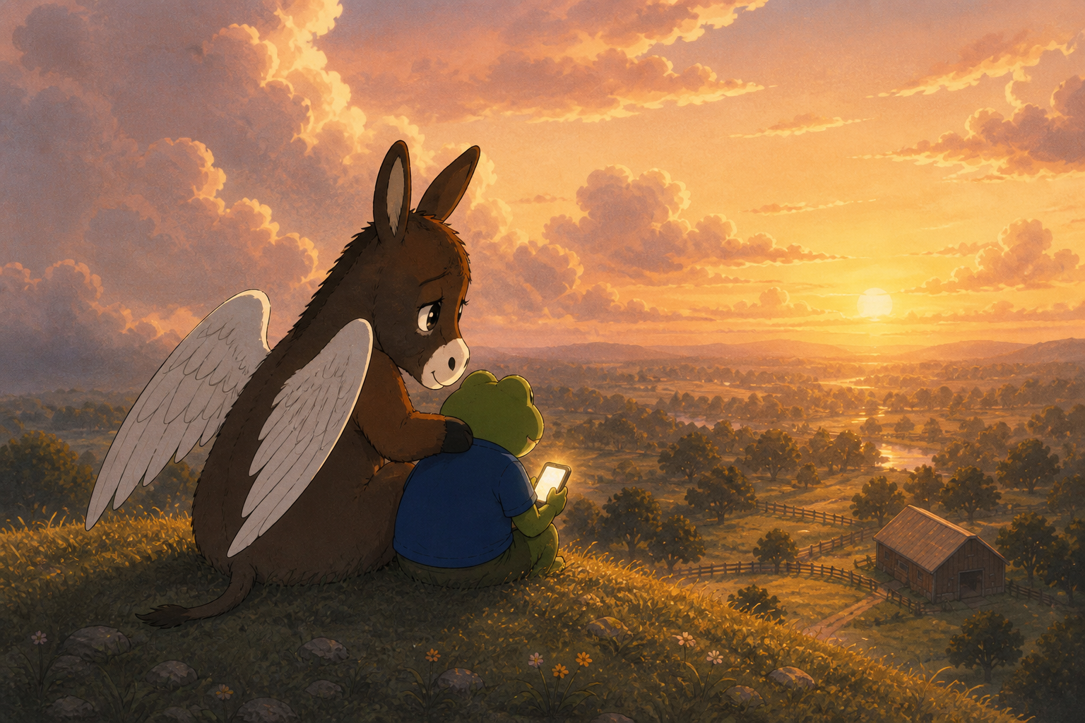 Winged HeeHaw and the frog watching the valley at sunset
